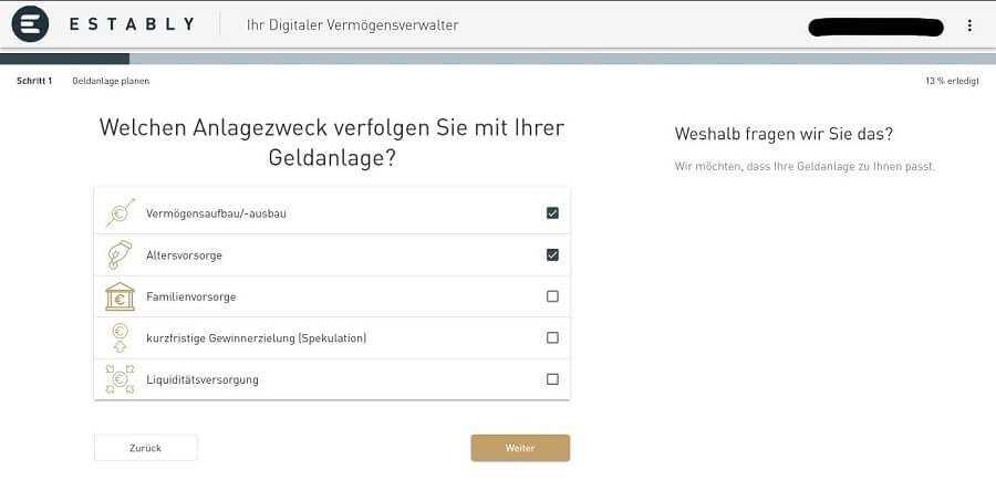 Estably Testbericht - Anlageziele - Onboarding