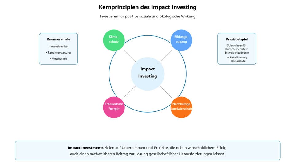 Grundprinzipien des Impact Investings mit Fokus auf Klimaschutz, Bildungszugang, nachhaltige Landwirtschaft und erneuerbare Energien.