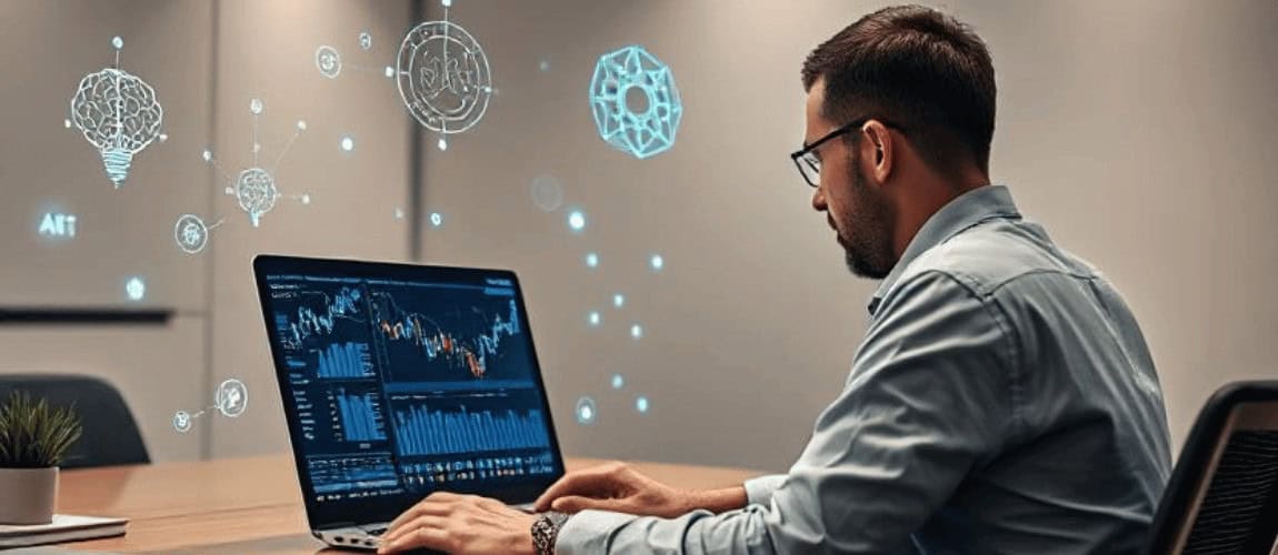 Person arbeitet am Laptop mit Finanzcharts und KI-Symbolen wie Gehirn, Netzwerk und Datenstrukturen – symbolisiert die Integration künstlicher Intelligenz in die digitale Finanzberatung bei Scalable Capital.