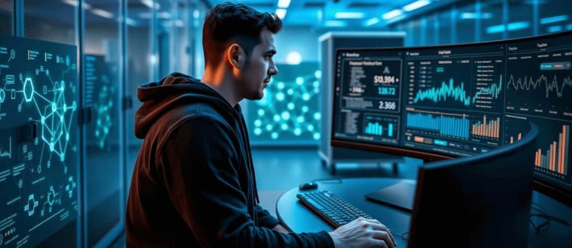 API-First-Architektur für Robo-Advisor-Plattformen: IT-Entwickler analysiert API-Architektur und Finanzdaten auf mehreren Monitoren in modernem Rechenzentrum